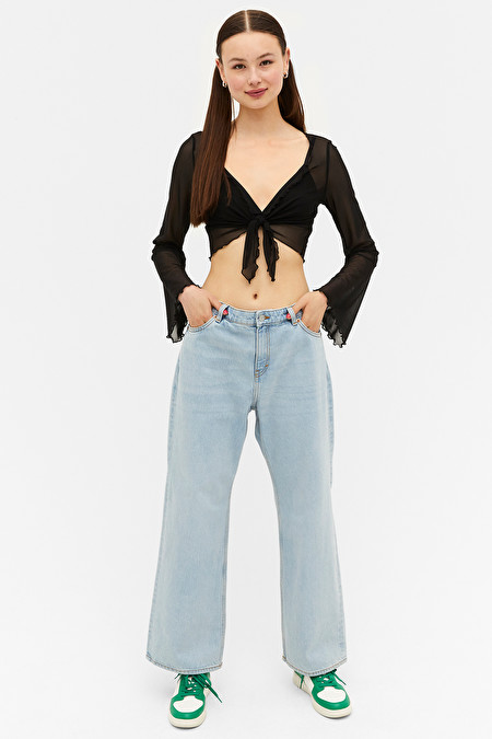 Black Mesh Tie Front Top