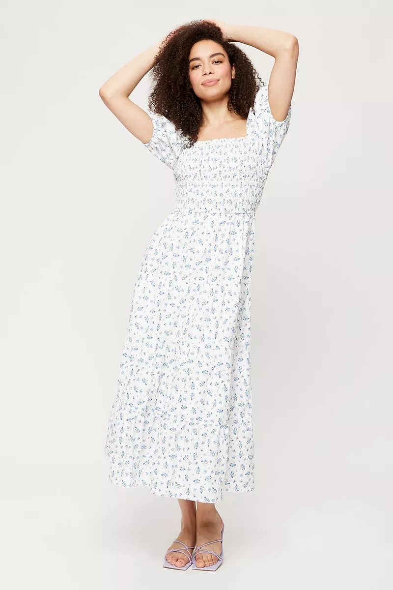 Blue Ditsy Shirred Puff Sleeve Midi Dress