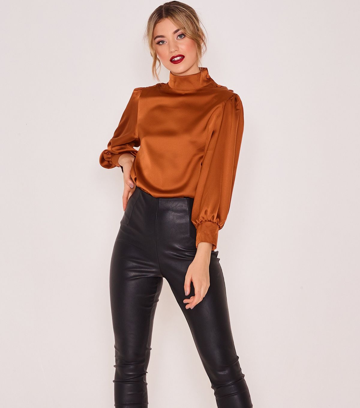 Zibi London Orange High Neck Satin Blouse
