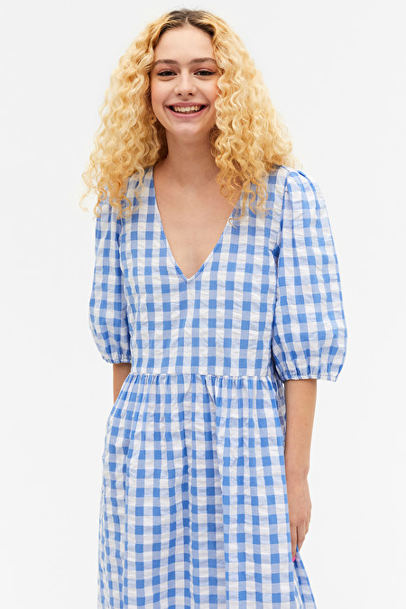 Checkered Shirred Detail V-neck Dress