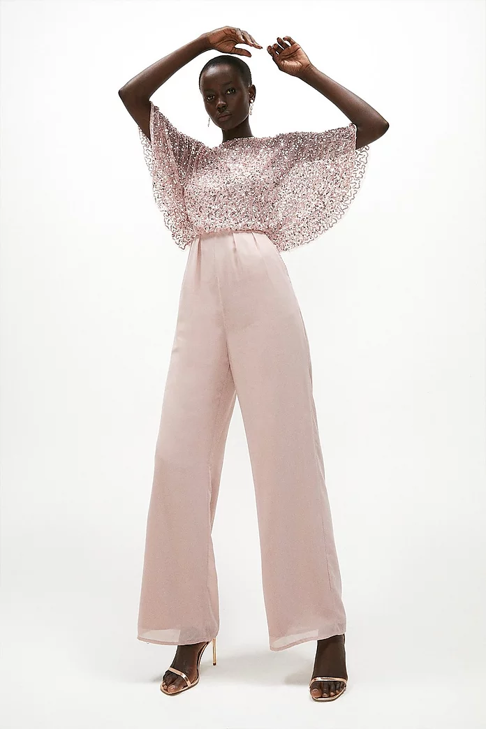Embellished Sequin Cape Top Wide Leg Jumpsuit